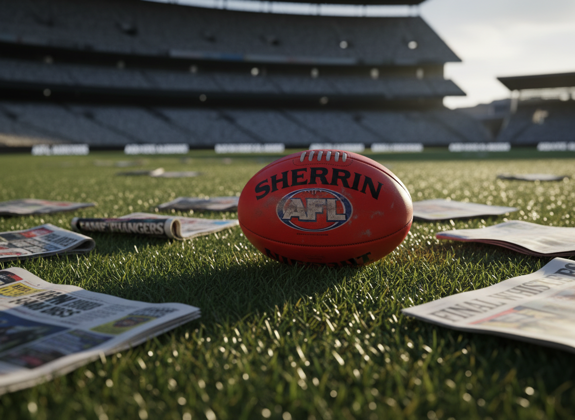 A meticulously detailed Sherrin Australian rules football sits alone on freshly cut green turf inside a modern stadium, its red leather surface scuffed and worn from use, stitching sharply defined and AFL branding clearly visible. Surrounding it are scattered, folded broadsheet newspapers and glossy magazines, their sports sections prominently headlined but slightly out of focus. Cool late-afternoon stadium light filters in from high above, creating long, soft shadows and subtle highlights across the ball’s curved surface. Photographic realism, shot at eye level with a shallow depth of field so the football is in crisp focus while the media clutter recedes into a gentle bokeh, conveying a professional, contemplative atmosphere about the scrutiny of the game’s coverage.
